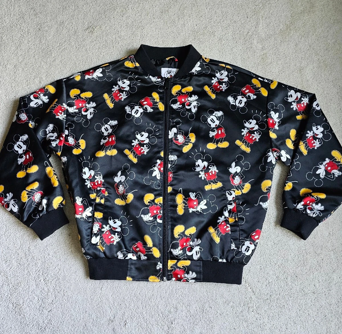 Disney Mickey & Co Bomber Jacket XS Mickey Mouse Print Black Oversized Zippered