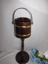 VTG WOODEN BUCKET FLOOR SMOKING ASHTRAY STAND WITH AMBER GLASS ASHTRAY 28 1/2"