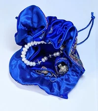 Travel Jewelry Organizer Bag Navy Blue Fabric Dragon 8 Pockets Drawstring small