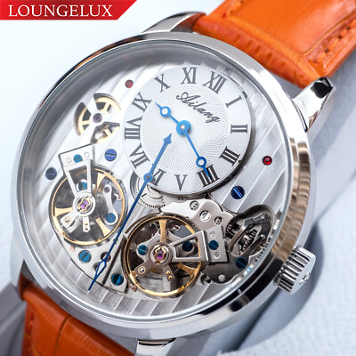 Mens Double Flywheel Automatic Mechanical Watch Silver White Dial Orange Leather