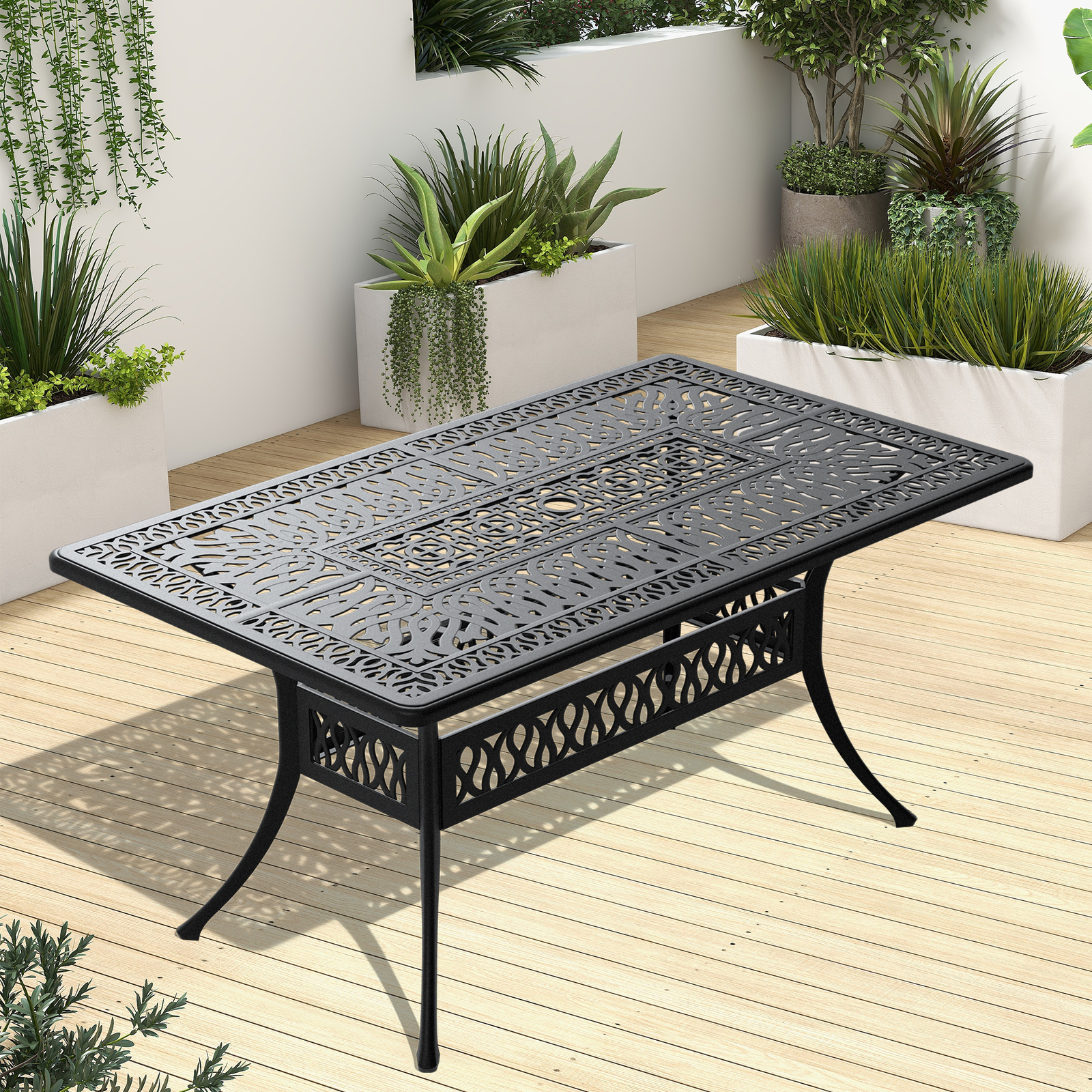 Cast Aluminum Patio Dining Table 58x35 Inch Black Frame with Umbrella Hole