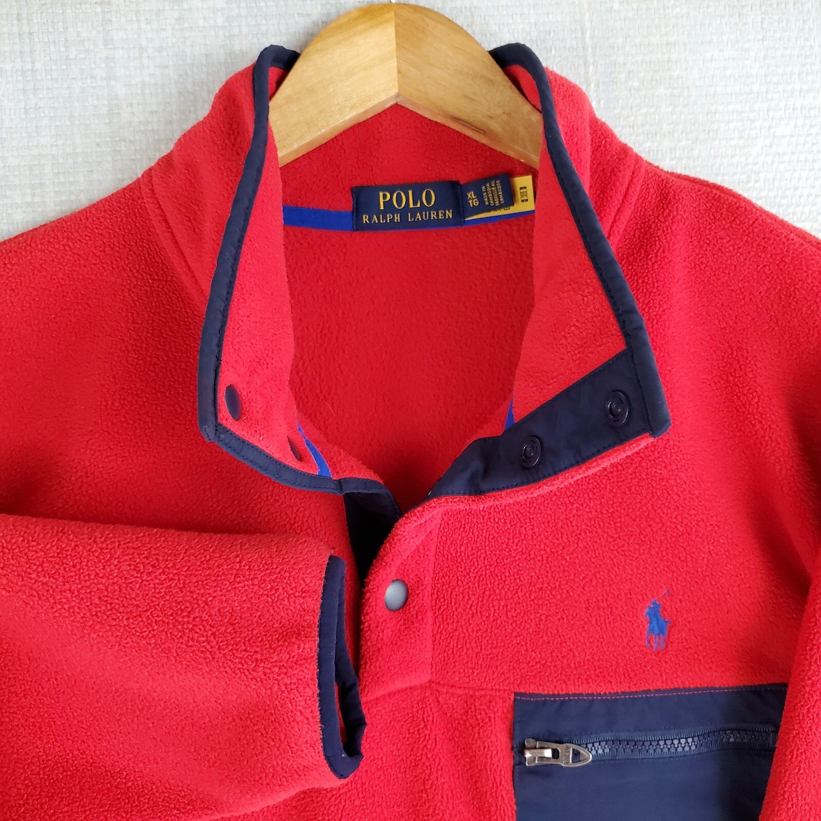 POLO RALPH LAUREN taglia XL uomo rosso pile tasche snap pullover giacca pony