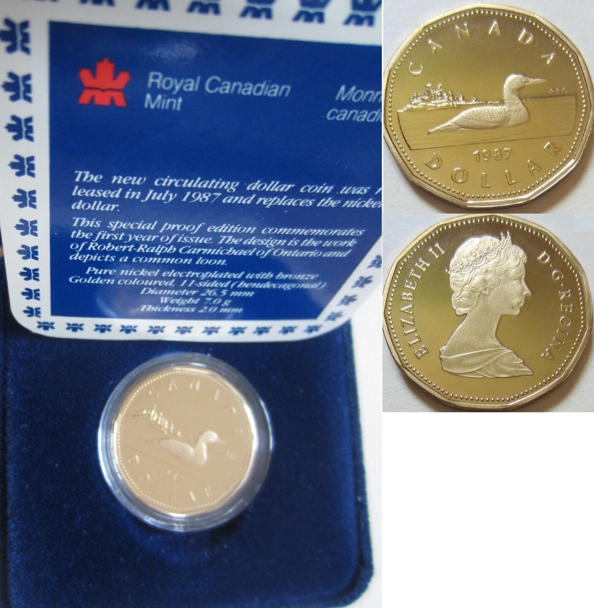 1987 Canada First Canadian PROOF Loonie Mint Cased One Dollar Coin