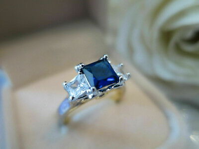 Lab Created Princess Blue & White Three Stone Womens Engagement High ...