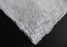Vintage Swiss Drawnwork White on White Embroidery Rose Bride Handkerchief