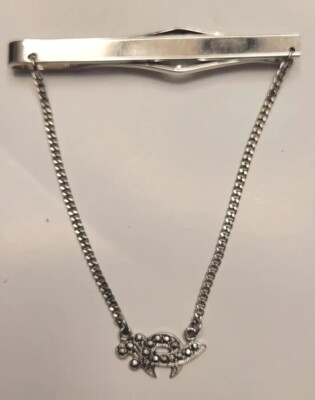 Sterling Silver Tie Clip With Marcasite Shriners Masonic Symbol Crescent & Sword