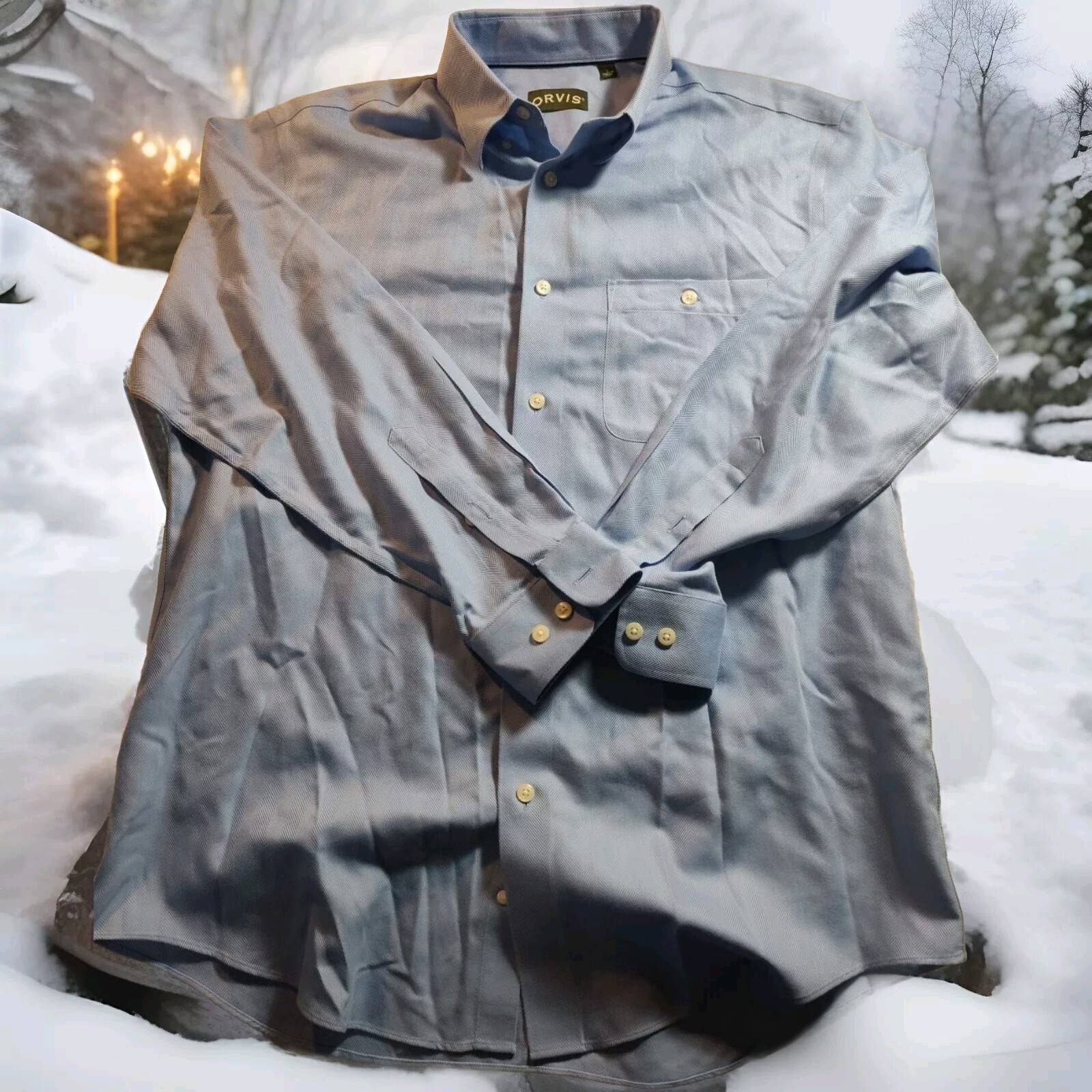 ORVIS Men's Large Blue Twill Long Sleeve Button-Down Shirt