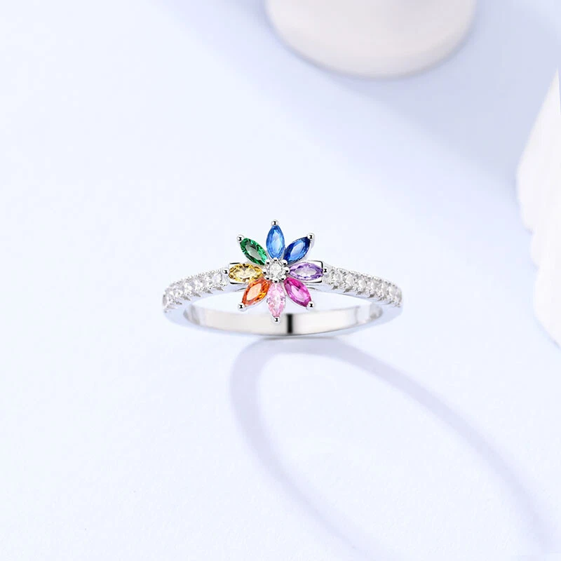 MULA Finger Ring Colorful AAA CZ Sparkling Rainbow Flower for Women Jewelry - Image 4 of 4