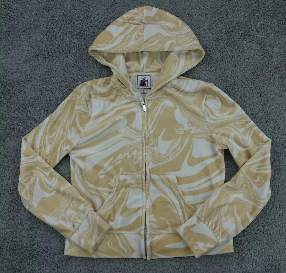 Juicy Couture Tracksuit Hoodie Sweatpants Women Small Marble Print Velour Zip - Image 2 of 4