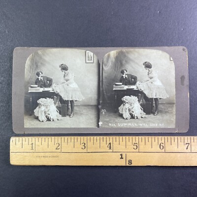 Woman Flirts with Man While He Works Stereoview Antique c1888 Y4953