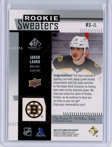2022-23 SP Game Used Rookie Sweaters #RSJL Jakub Lauko RC JERSEY - Picture 2 of 2