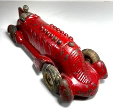 1930's AC Williams Cast Iron Piston Red Boat Tail Racer Race Car w/ Driver 8.5"