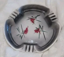Vintage Retro Japanese Floral Ceramic Ashtray 1957 Lane & Co Large Gray & Red