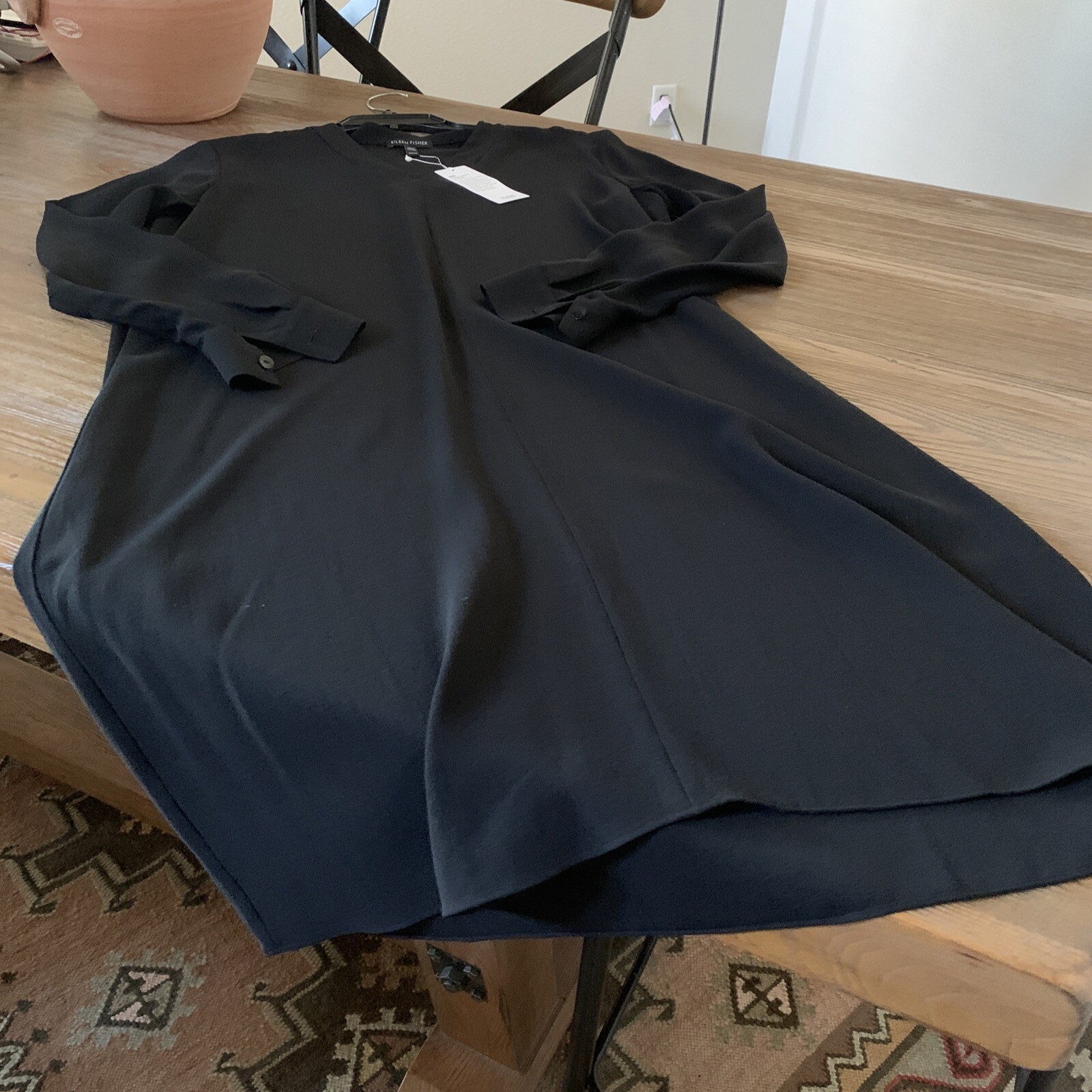 NWT Eileen Fisher Black Silk Crepe Hi Back K/L Dress Size XS