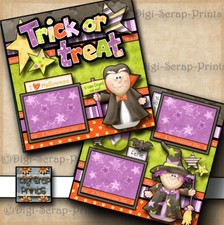 TRICK OR TREAT  halloween 2 premade scrapbooking pages paper piecing DIGISCRAP
