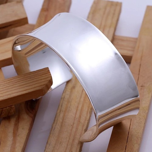 DOTEFFIL 925 Silver Fashion Solid Lady Bangle Jewelry Charm Big Cuff Bracelet - Picture 3 of 4