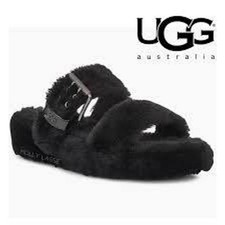 UGG Australia Fuzz Yeah Fuzzy Fluffy Sheepskin Sandals Slippers w/ Buckles Glam