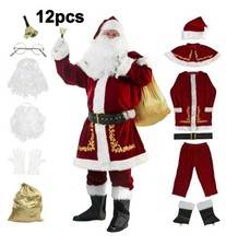 Men's Santa Claus Costume 12 Pcs. Christmas Velvet Adult Deluxe Santa Suit