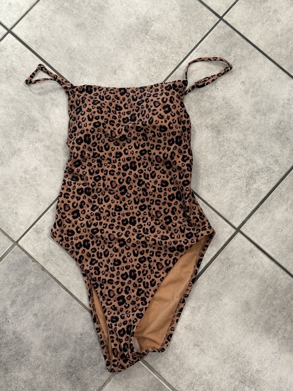 Shade & Shore One Piece Leopard Print Swimsuit S (4-6) Brown/Black Spaghetti