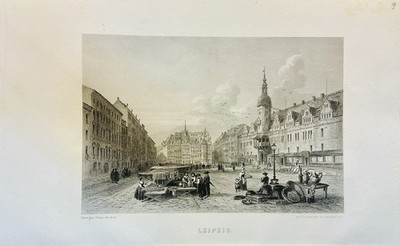 Leipzig 1858 steel engraving Germany city view marketplace historical