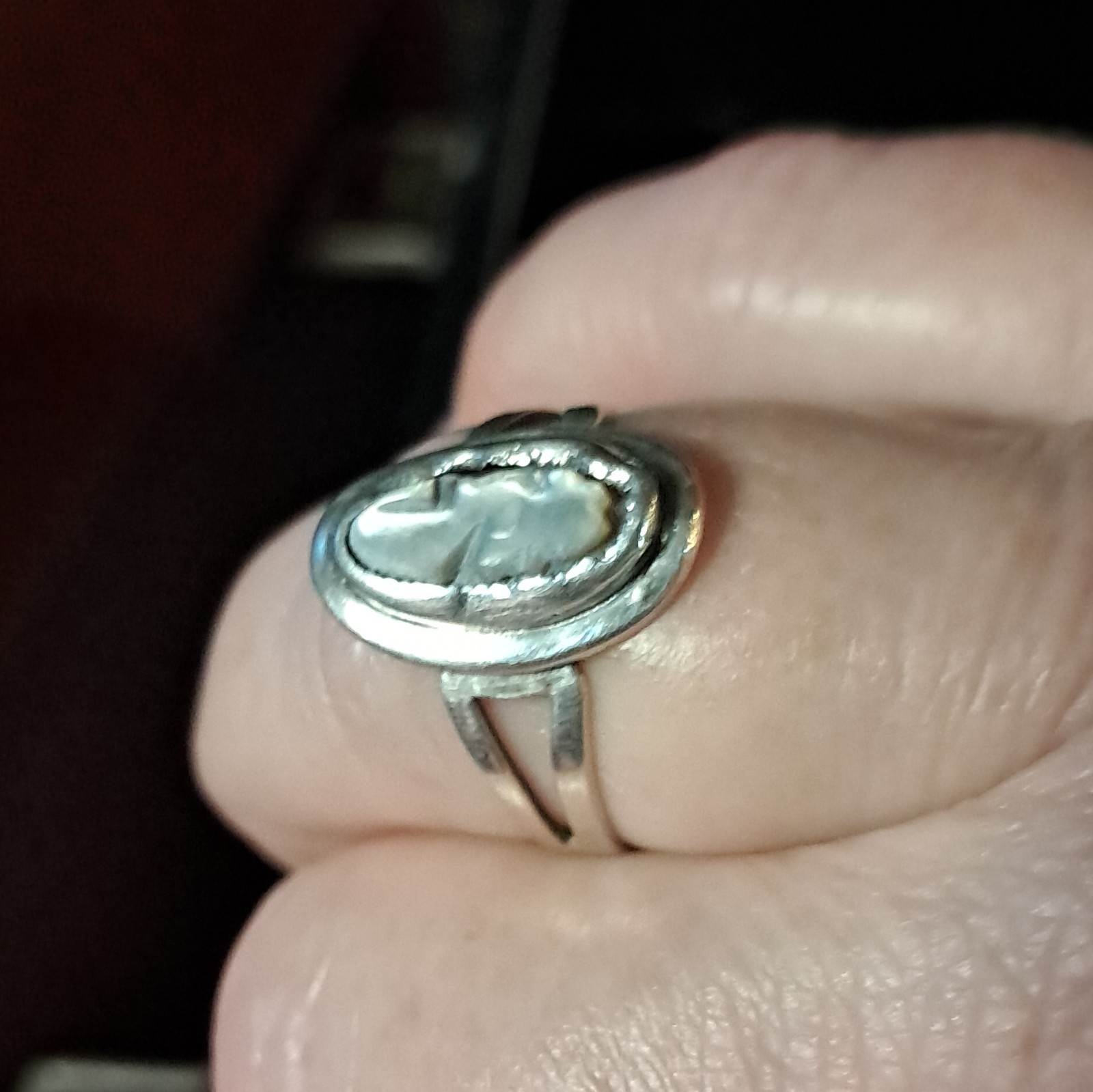 Vintage 1969 Sarah Coventry Mother Of Pearl Cameo Ring, Sterling Silver, Size 9