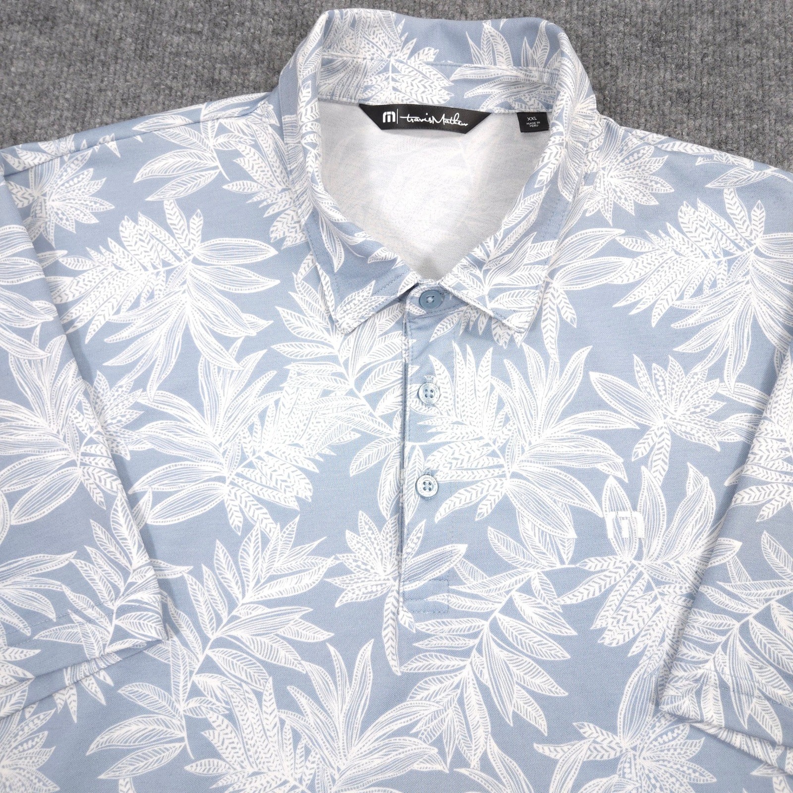 Travis Mathew Polo Shirt Mens XXL Blue Sea Journey Floral Print AOP Golf Casual