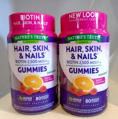 Nature's Truth Hair, Skin & Nails Gummies 2500 mcg Biotin Fruit 80 ct, 2-PACK