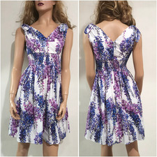Dolce & Gabbana Wisteria Floral Print White Cotton Flared Designer Dress IT38