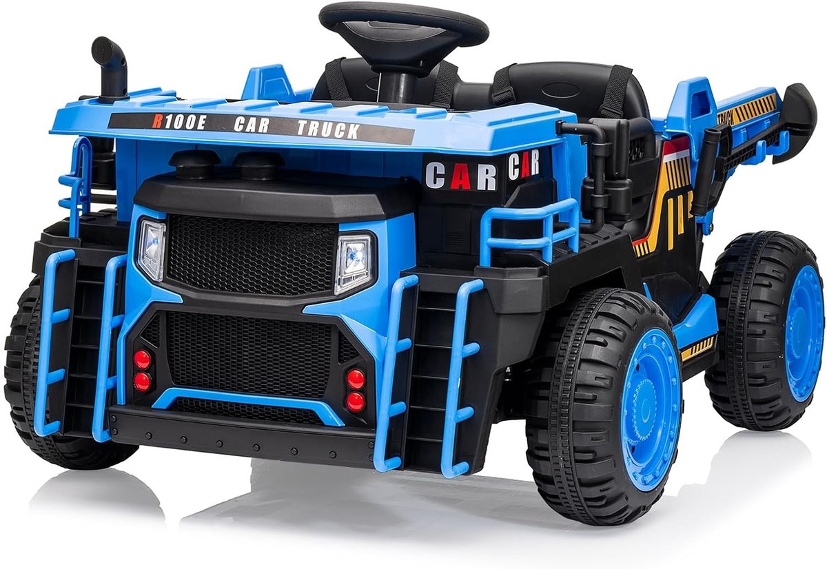 RC Kids Dump Truck in Blue + Auto Dump, LED Lights & Music, 2