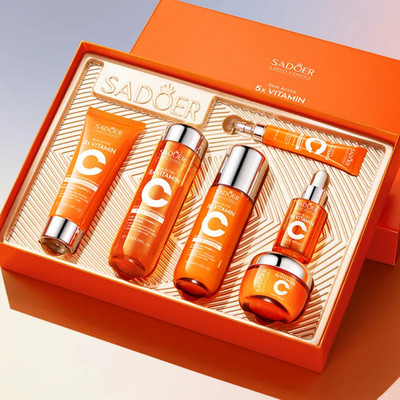 SADOER 6 Pcs Set Vitamin C Skin Care Sets Face Cream Facial Cleanser Serum Toner