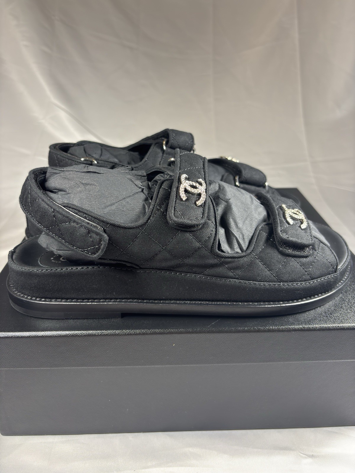 Chanel Sandals Strap Quilted Nylon Twill CC Rare 100percent Authentic 38.5 EU NEW image 6