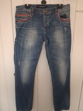 Cipo & Baxx Men’s Blue Distressed Jeans W34 L34 Red Trim Detail Straight Leg