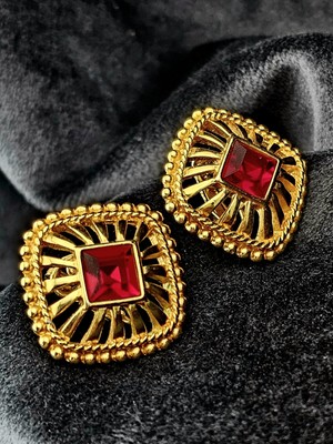 Vintage Swarovski Square Gold Tone Rope Texture Red Crystal Clip-On Earring 1''