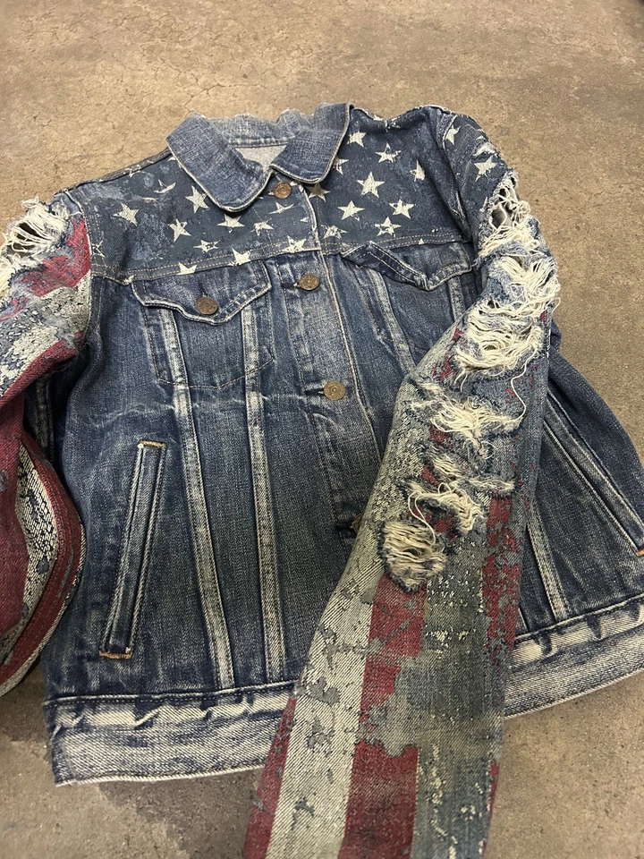 Jaqueta caminhoneiro RARA Ralph Lauren denim supply bandeira dos EUA angustiada tamanho pequeno - Imagem 4 de 4