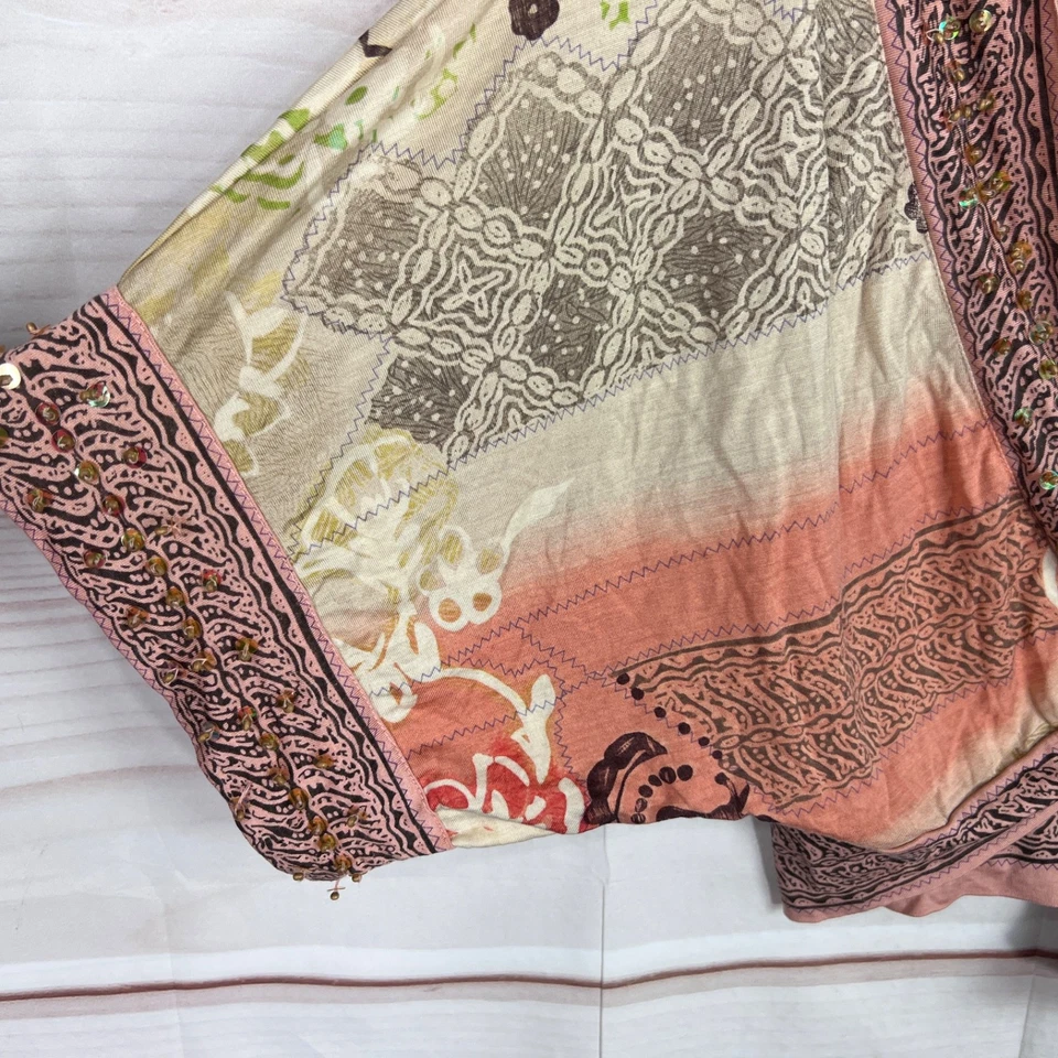 Blusa Lynn Ritchie Feminina L Biege Rosa Kimono Manga Encolher Contas Seda Fiada - Imagem 4 de 4