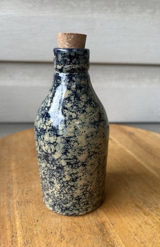 Italian MCM Blue Cream Splatter Art Pottery Bottle Corked 6" Signed