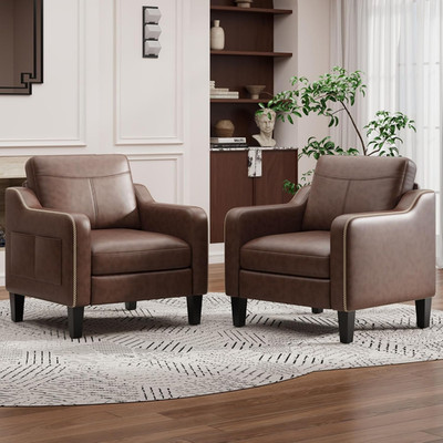 PU Leather Accent Chair Set of 2, Mid-Century Modern Living Room Armchair Sofa w