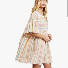 Free People Summer Nights Boho Mini Short Sleeve Textured Cotton Striped Dress S