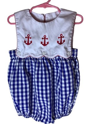 The Bella Bean 3T  Sailor Plaid  One Piece Nautical Embroidered Anchors 100% Cot