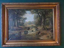 Large Vintage Woodland Stream Oil Painting – Framed Landscape