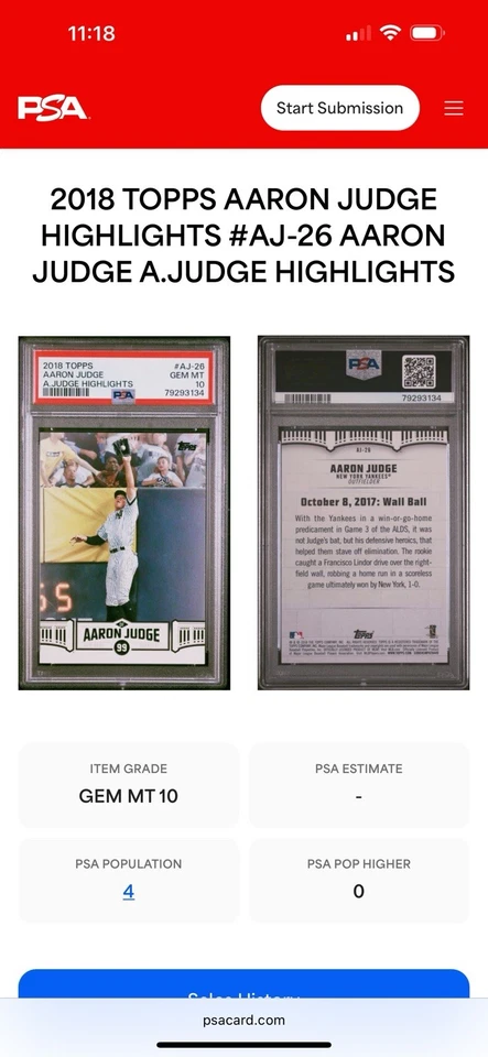 2018 Topps Aaron Judge Highlights #AJ-26 GEM MT PSA 10 _ Low Pop - Image 3 of 3