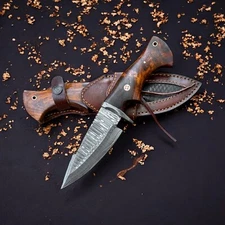 Handmade Damascus Bowie fixed blade edcKnife RoseWood Handle With Leather Sheath