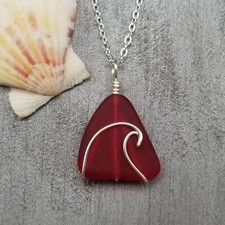Hawaiian Jewelry Sea Glass Necklace, Wire Wave Red Necklace, Sea Glass Jewelry