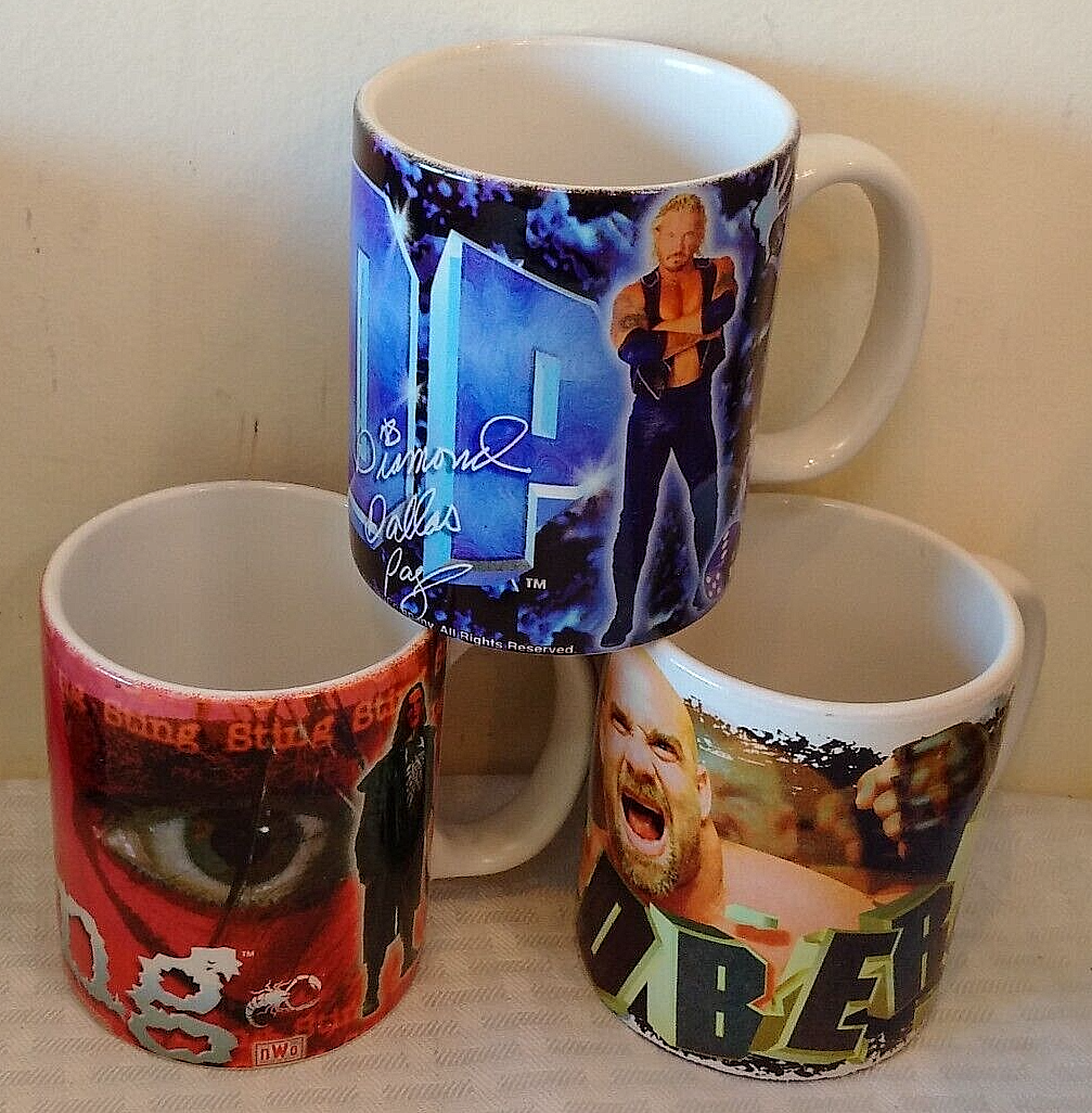 3 Vintage 1990s WCW Wrestling Mug Lot Sting DDP Goldberg Catalog
