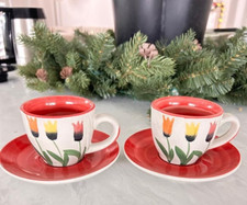 Set of Two Italian Kasanova Tea Cups with Rose-Colored Accents and Tulip Design