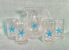 Jarra de vidrio burbuja transparente semilla blanca turquesa estrella de mar con 4 vasos a juego
