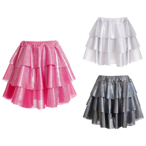 Kids Girls Ruffled Skirt Tiered Costume Rave A Line Sparkle Dance Carnival - Afbeelding 1 van 22