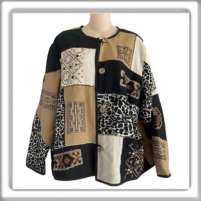 Allure Retro Animal Print Top Jacket Button Front Embroidered Patchwork Size XL