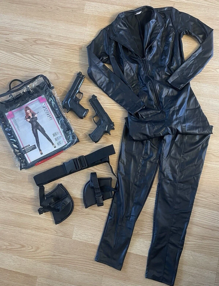 New Roma Assassin Black Faux Leather Catsuit Jumpsuit Costume Set + Guns Medium - Image 4 of 4