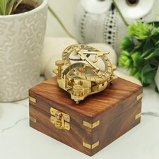 Brass Sundial Compass with Wooden Box  Vintage Style Engraved Antique Nautical